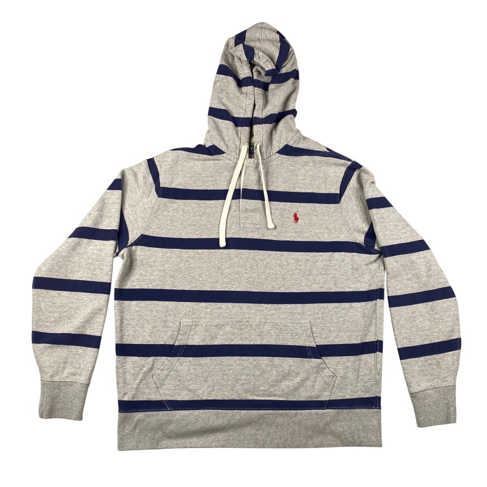 Vintage Ralph‎ Lauren Polo Rugby Striped Hooded Sweatshirt Size L Blue Gray